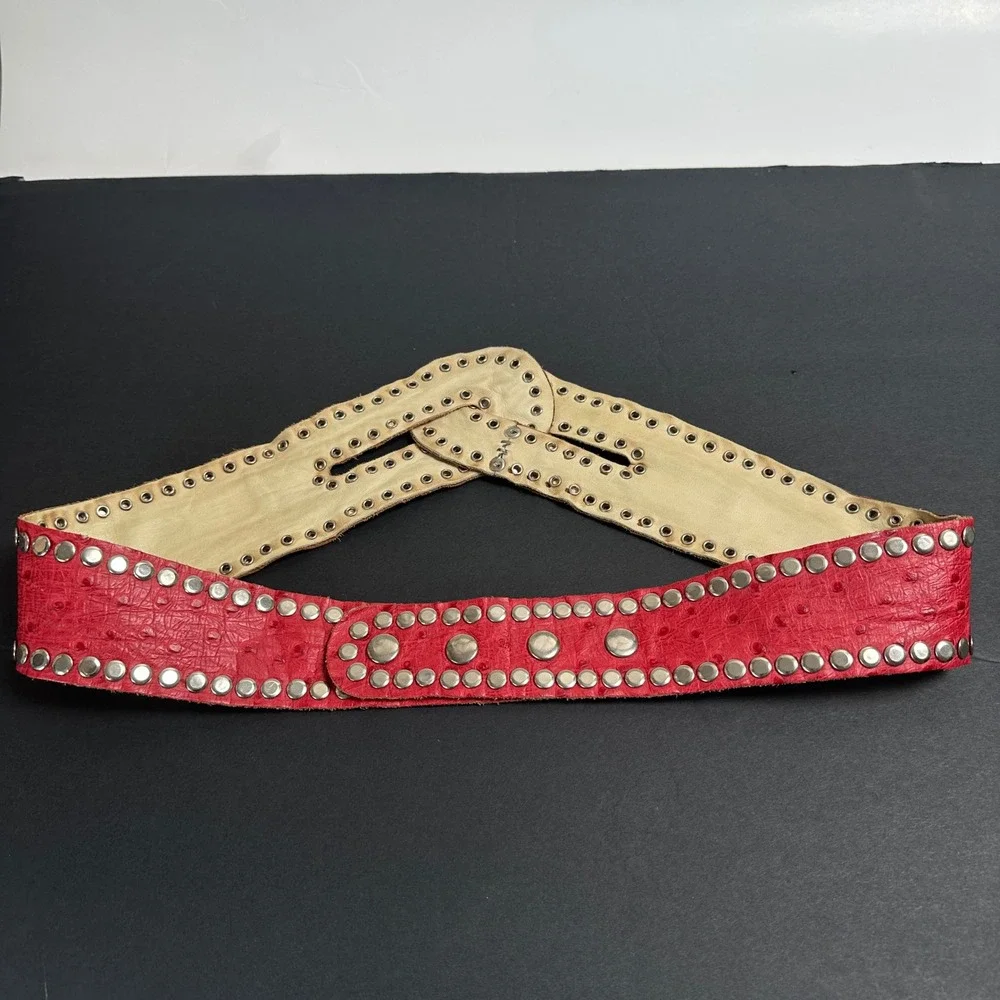 Vintage Genuine Ostrich Leather Belt L Red Silver Studded Cummerbund Adjustable